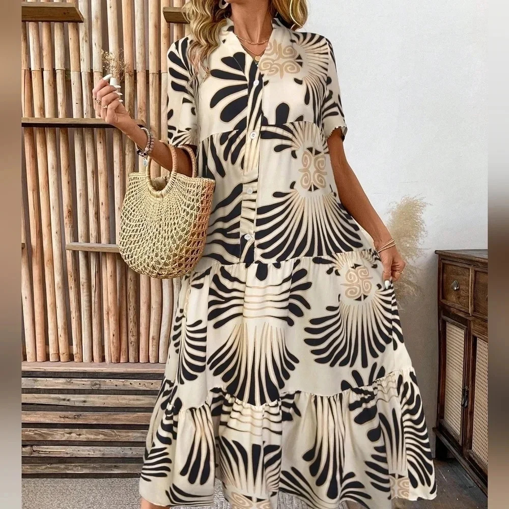 Holiday Floral Printed Notch V-Neck Short Sleeve Long Loose Casual Dress - Picture 4 of 4